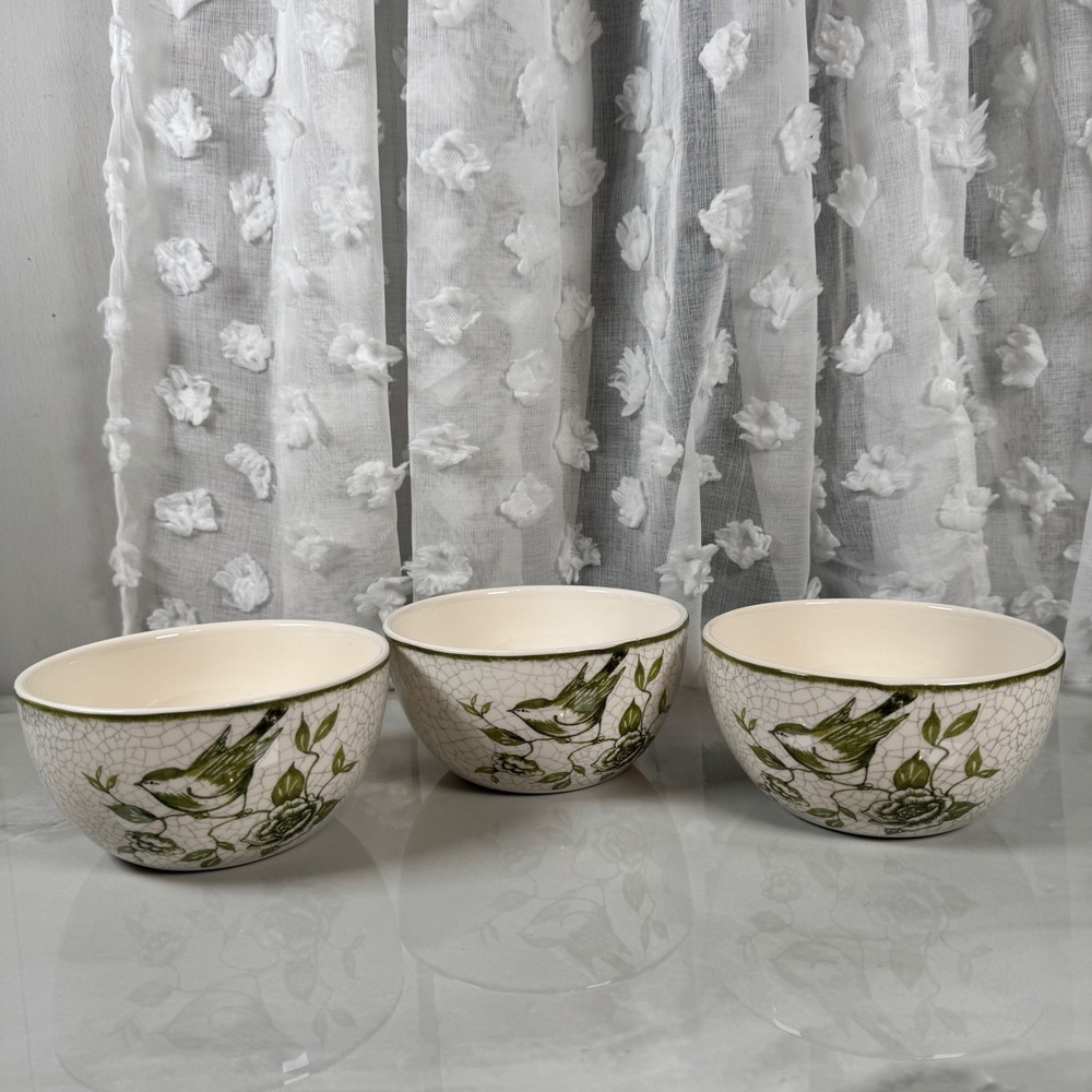 3 Cracker Barrel Susan Winget Garden Crackle Cereal Soup Bowls White Green Bird